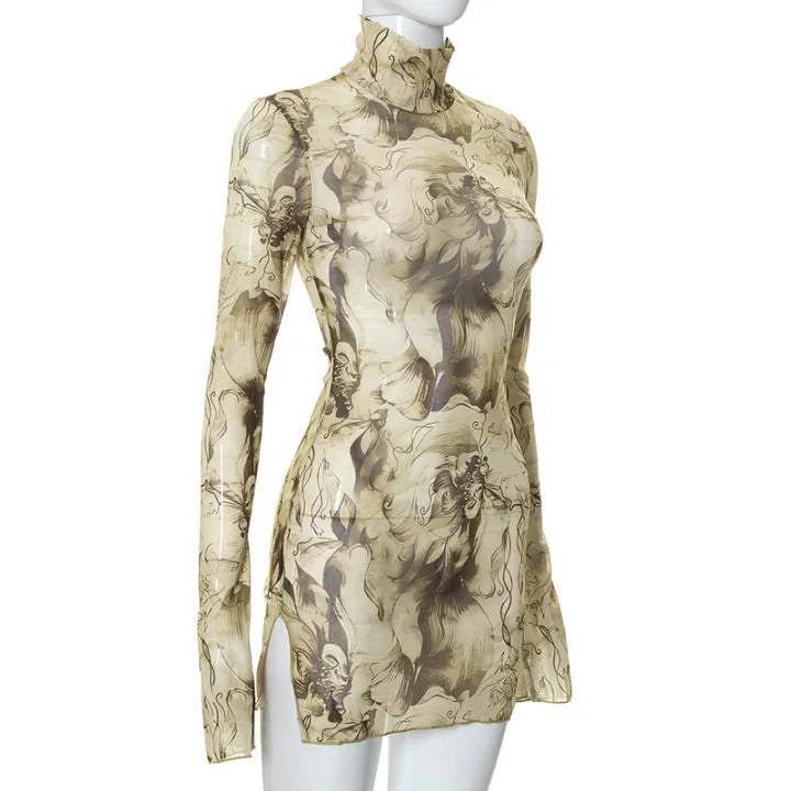 Flare Sleeve Color Printing Bodycon Dress Mini Women Clothing Turtleneck Sexy Streetwear High Waist Fashion One-Pieces Outfits