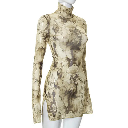 Flare Sleeve Color Printing Bodycon Dress Mini Women Clothing Turtleneck Sexy Streetwear High Waist Fashion One-Pieces Outfits