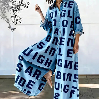 Red Heart Print Wide Leg Jumpsuits Woman Turn-down Collar Button Shirt Rompers Spring Long Sleeve Loose Imitation Denim Overalls