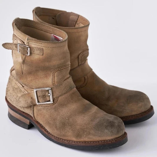 Hots Handmade Vintage Khaki Suede Work Boots Men and Women Engineer Ort Shoes American Retro Motorcycle Boot Faded Mid-Calf Boot