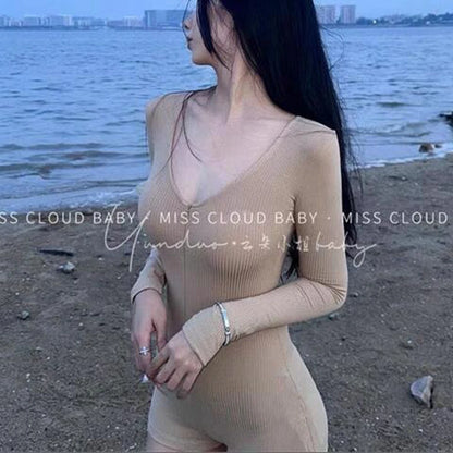 Women's Short Yoga Jumpsuits Long Sleeve Slim Fit Stretch One Piece Playsuits Sexy Fitness Female Shorts Zipper Sportwears