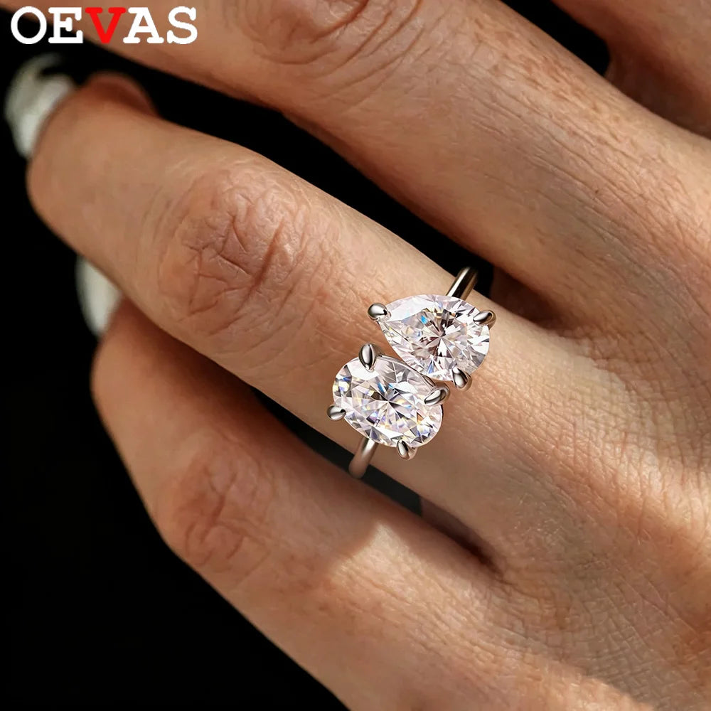 OEVAS Two Stones Pear Cut Moissanite Rings S925 Silver Plated 18K Gold Toi Et Moi Wedding Band For Women Engagement Fine Jewelry