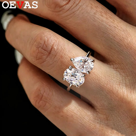 OEVAS Two Stones Pear Cut Moissanite Rings S925 Silver Plated 18K Gold Toi Et Moi Wedding Band For Women Engagement Fine Jewelry