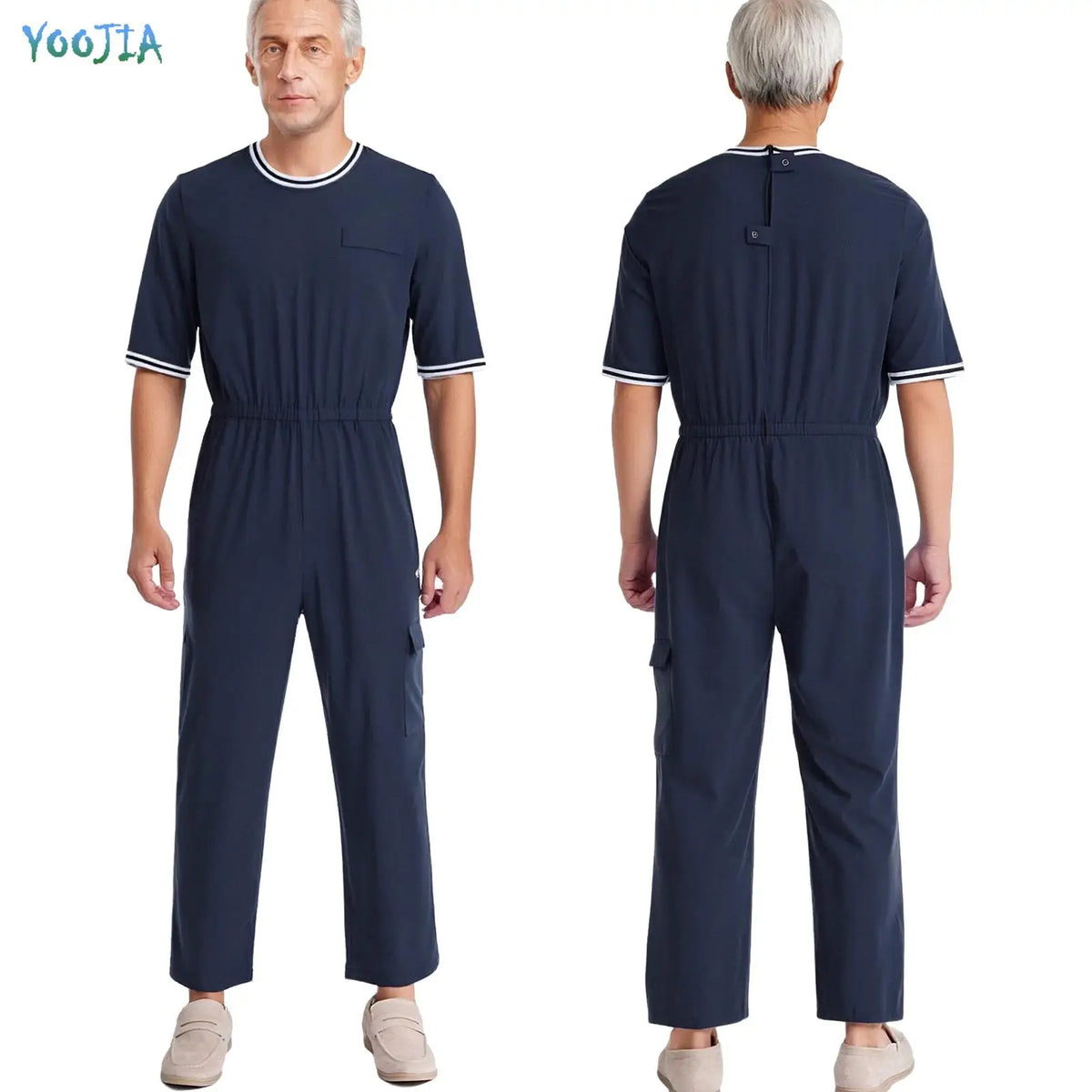 Adult Mens Alzheimer Adaptive Jumpsuit Special Needs Clothing Round Neck Half Sleeve Elastic Waist Zipper Rompers with Pocket