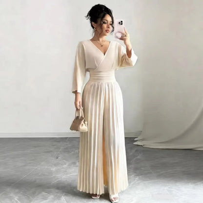 Pleated High Waist Wide Leg Capri Jumpsuits 2026 Trend V Neck Wrap Elegant Women's Palazzos White Three Quarter Long Romper