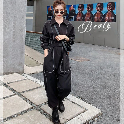 Haren Style Jumpsuit For Women Spring Autumn New Safety Reflective Strip Loose Tied Foot Rompers Set Female Casual Overalls