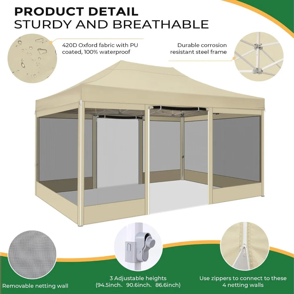 10x15 Pop Up Canopy with 4 Sidewalls, Heavy Duty Gazebo Tent, Mosquito Netting, Easy Setup, Khaki