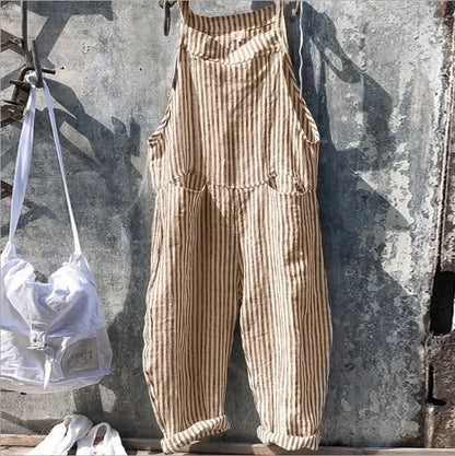 Women's Stripe Jumpsuits Cargo Pants Wide Leg Pants Trousers Multicolor Ethnic Bib Sleeveless Casual Loose Jumpsuit With Pockets