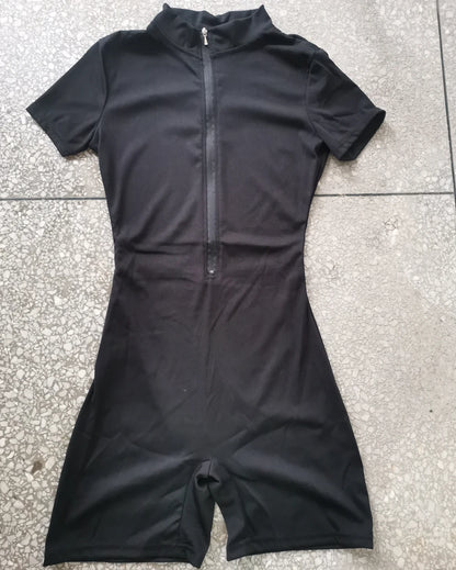 Womens Yoga Short Sleeve Jumpsuits Slim Fit Stretch One Piece Playsuits Romper Sexy Fitness Female Basic Zipper Sportwears