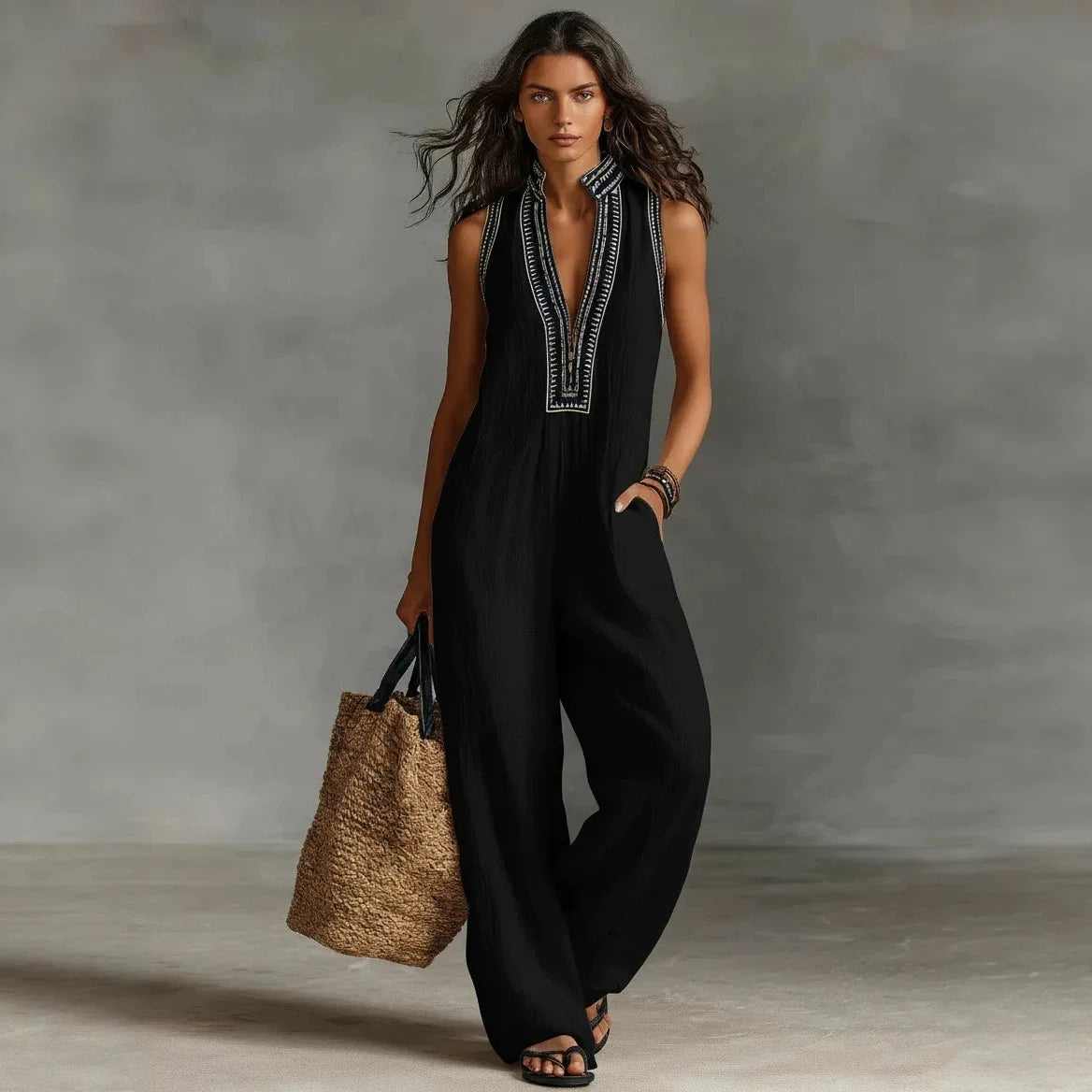 Sexy Deep V Neck Hollow Women's Jumpsuits Vintage Printed High Waist Slim Office Romper Spring Summer Sleeveless Pocket
