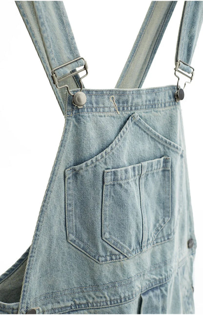 Age-Reducing, Laid-Back Style~ Women's Washed Light Blue Denim Overalls, Versatile Slim-Fit Straight-Leg Jumpsuit
