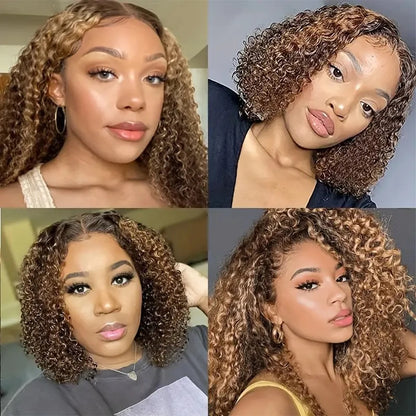 4/27 Highlight Short Bob Deep Water Wave 13x4 Lace Front Wigs 100% Human Hair Honey Blonde Ombre Colored Curly Lace Frontal Wig