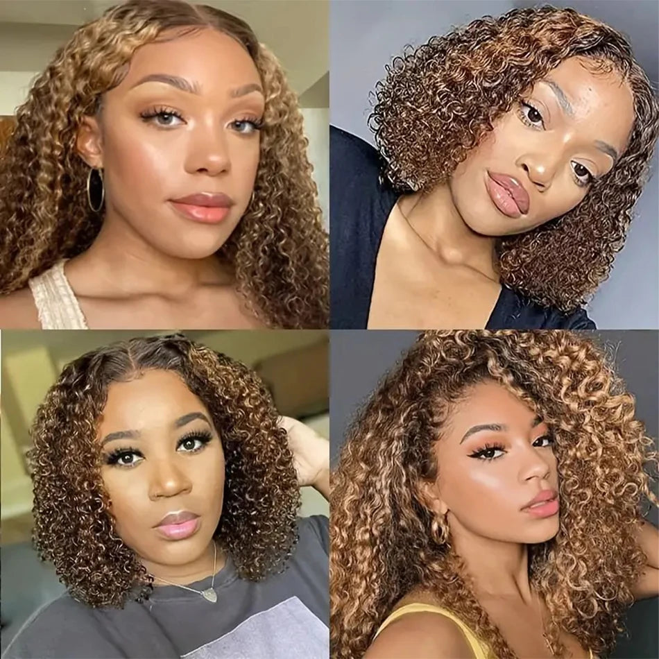 4/27 Highlight Short Bob Deep Water Wave 13x4 Lace Front Wigs 100% Human Hair Honey Blonde Ombre Colored Curly Lace Frontal Wig