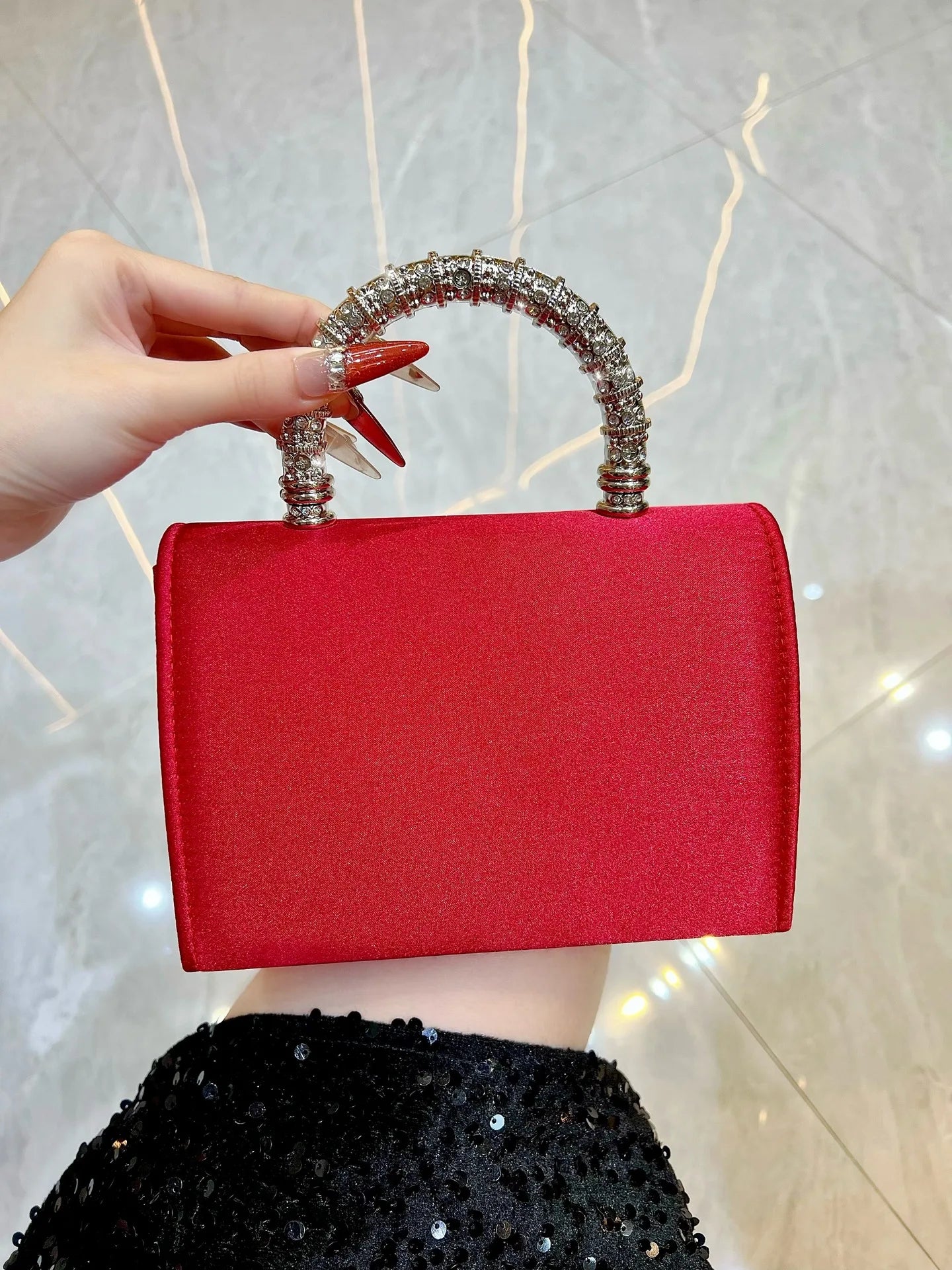 Rhinestone Faux Silk Emerald Evening Bag Silver Diamond Buckle Handle Fashion Handbags Elegant Ladies Square Bolsa Feminina