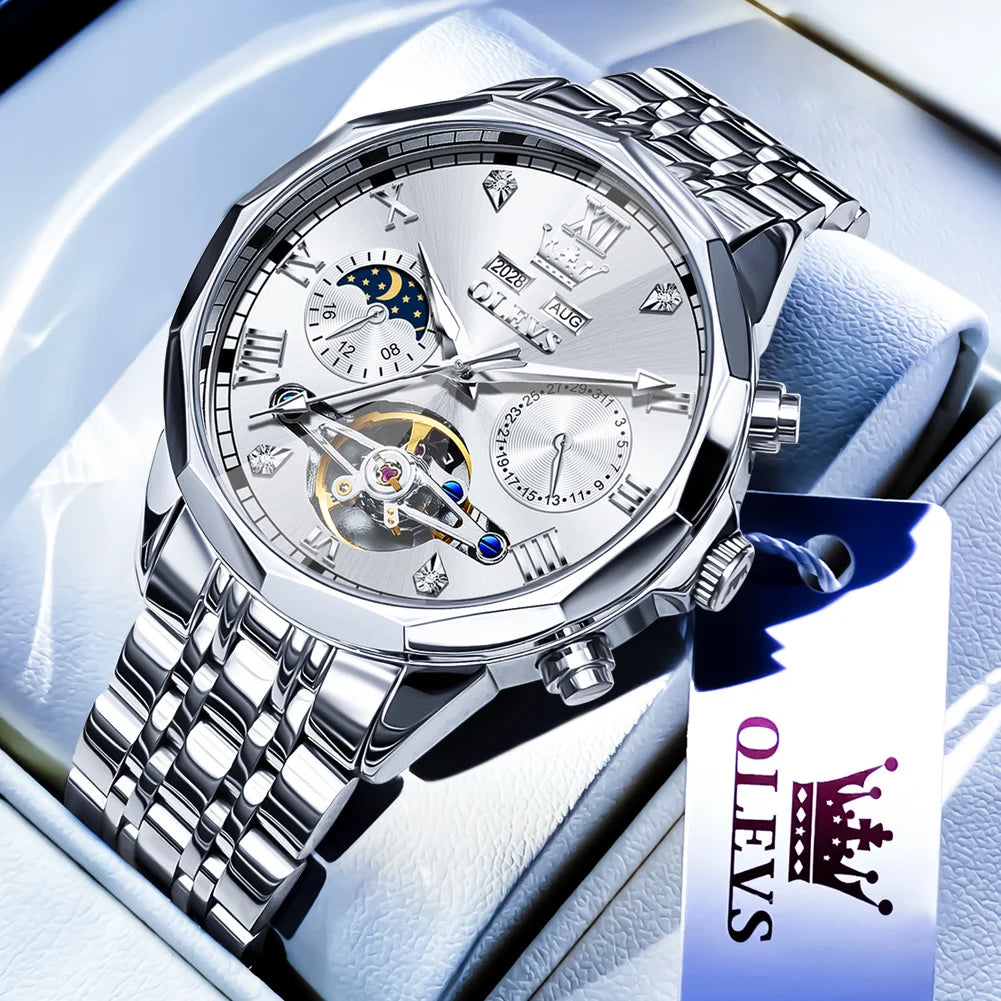  OLEVS Automatic Mechanical Watch for Men Tourbillon Moon Phase Diamond Dial Stainless Steel Strap Waterproof Men Wristwatch