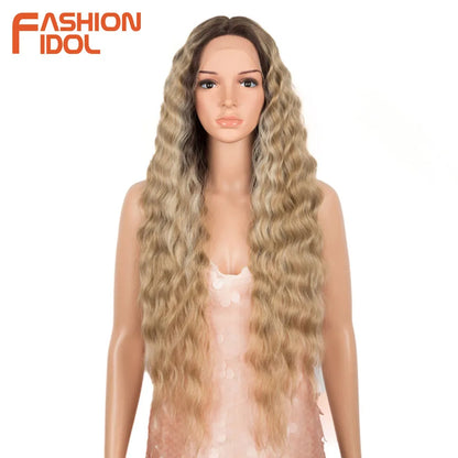 FASHION IDOL 30inch/75cm Water Wave Lace Wigs Synthetic Curly Lace Front Wigs Cosplay Ombre Blonde Hair Wigs For Black Women