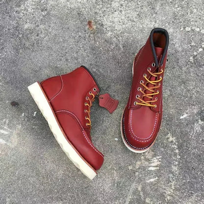 Men's Goodyear-Welted Vintage Genuine Leather Mid-calf Motorcycle Boots Round toe Casual Punk Dress Boots Work Shoes Western Red