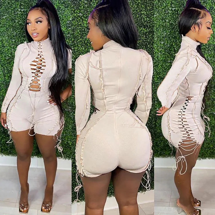 Jump Suits Women One Piece Full Sleeve Drawstring Overalls Short Pants Tight Waist Rompers Hollow Out Y2k Streetwear Sexy 2026