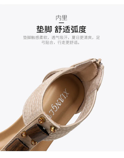 High quality leather flat sandals for women 5cm mid heel with beading summer 2026 36 42 open toe casual vintage shoe black beige