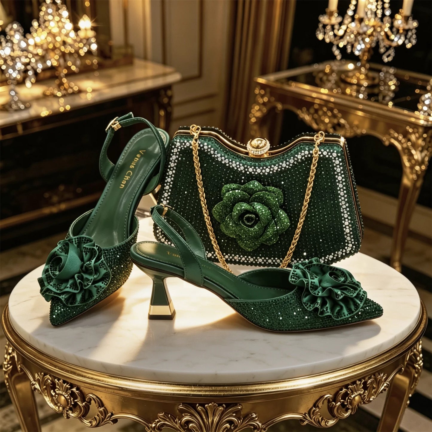 2026 Luxury Green 3D Rose Rhinestone Shoes And Bag Set Women Pointed Toe Slingback High Heels Matching Clutch For Wedding Party