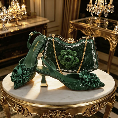 2026 Luxury Green 3D Rose Rhinestone Shoes And Bag Set Women Pointed Toe Slingback High Heels Matching Clutch For Wedding Party