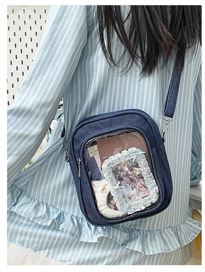 New Denim Ulzzang Ita Bags Female Transparent Badge Doll Show Crossbody Shoulder Bag Individuality Designer 2 Sides Bolso Mujer