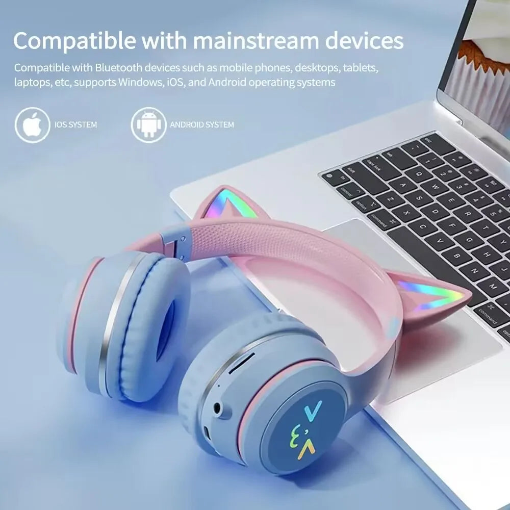 GRB Glow Gaming Headset Gamer Stereo Bass Cat Ear Wireless Earpods Bluetooth Earphones TYPE-C Cable Headphones Blutooth Handfree