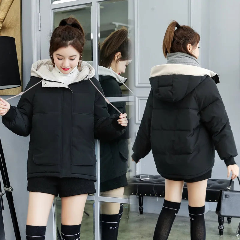 Women's Winter Jacket Cotton Padded Short Coat Ladies Students Long Sleeved Hooded Warm Outwear