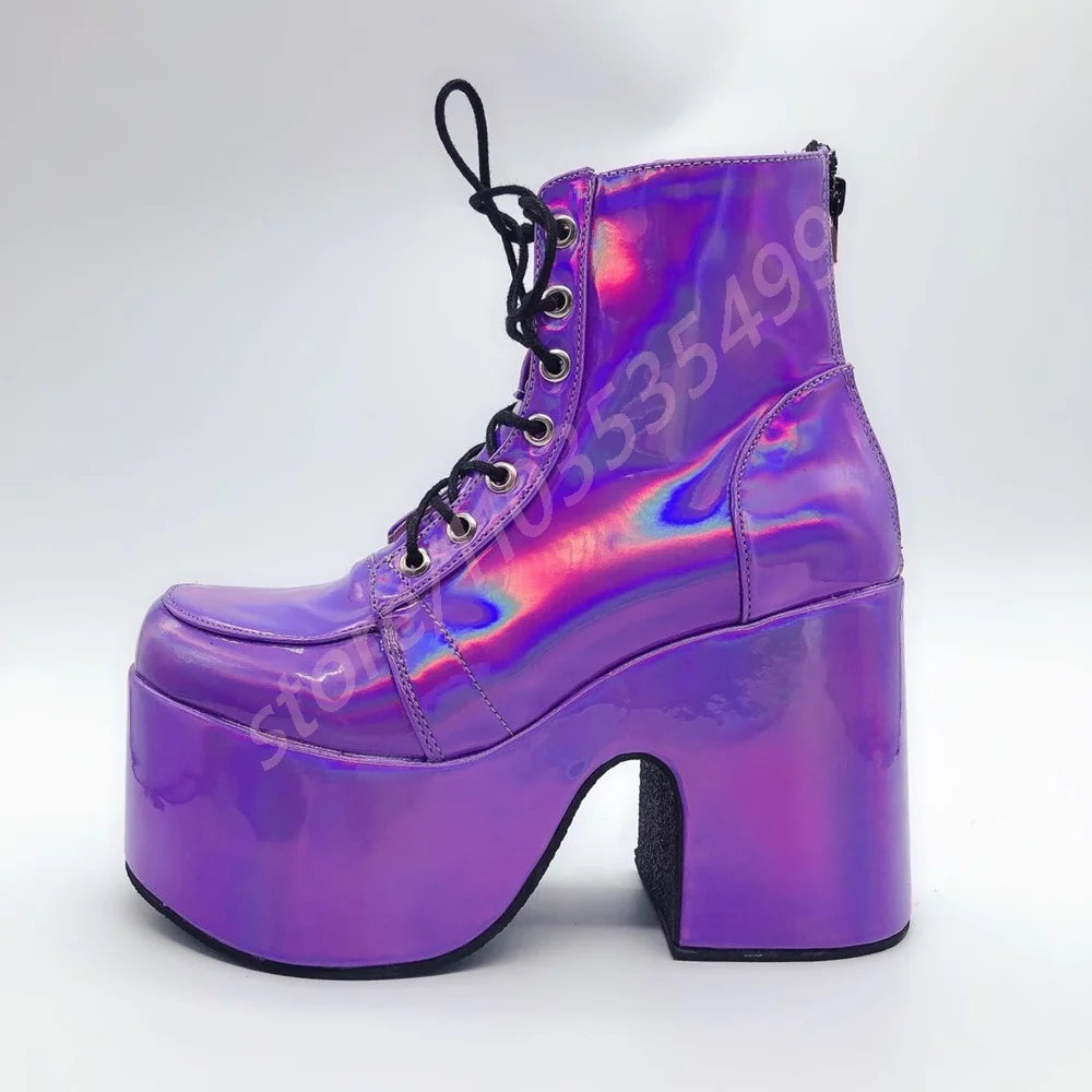 Thick Sole Round Toe Punk Party Boots 2025 New Street Rock Lace-Up Motorcycle Boots Fashion 34-48 Thick High Heel Ankle Boots