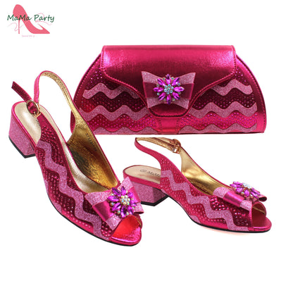 Golden Elegant Ladies Shoes Matching Bag Set Slingbacks Peep Toe Low Heels Fashion New Design Italian for Wedding