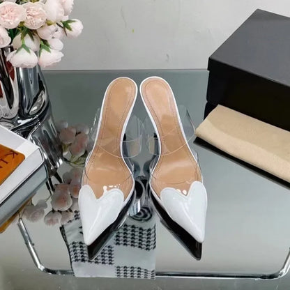 Elegant Pointed Toe Transparent PVC Heart High Heels Mules Slipper Shoes Women 2025 Black White Red Shoes Luxury Designer Pumps