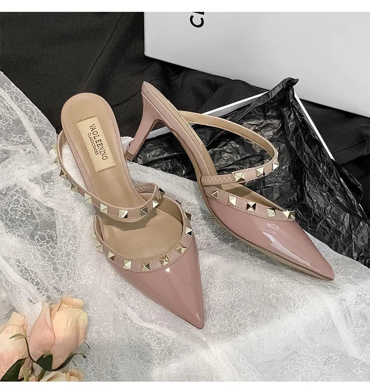 Heeled Sandals Summer Luxury Brand Rivets Women Slippers Fashion Leather Slingbacks Heels Slippers Designer Party Prom Shoes