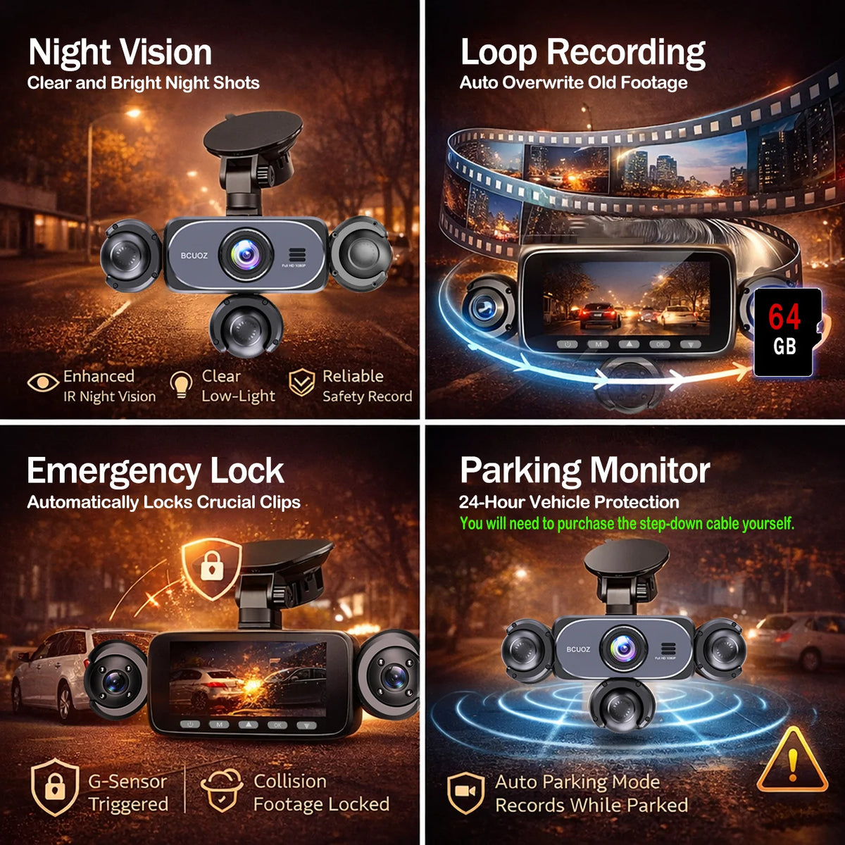 BCUOZ 5-Lens 360° Dashcam 1080P Front 720P Rear Left Right Car Cameras 360° Car Video Recorder Black Box Super Night Vision Loop Recording G-Sensor WDR 12-24V Plug Power Supply Optional 64GB Memory Card