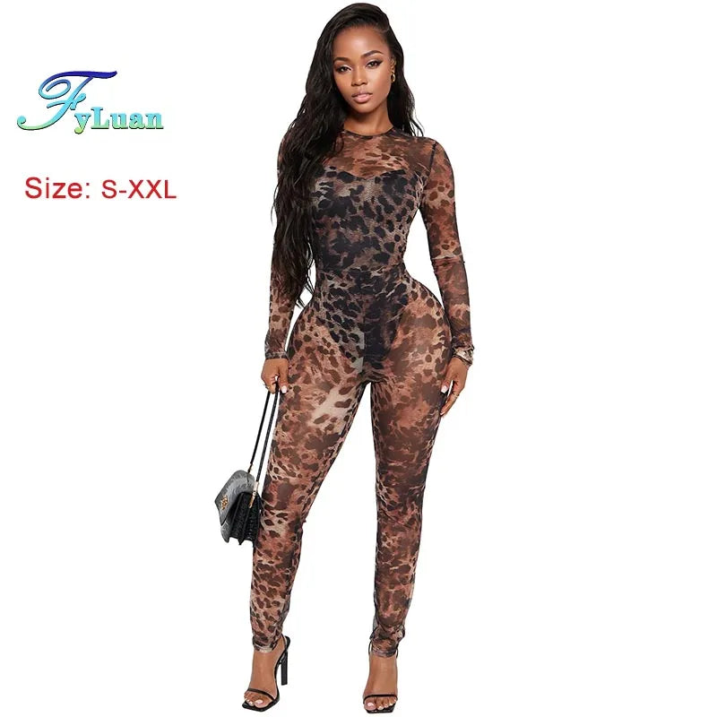 Sexy Bodycon Jumpsuits Women Clothes Leopard Mesh Print Semi Perspective Jump Suit Long Sleeve Bodysuit Nightclub Club Clothes