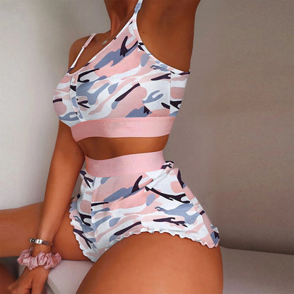 Summer Pajama Sets for Women Sleepwear Strawberry Printed Lace Sling Crop Tops and Shorts 2-Piece Set Loungewear Pijamas