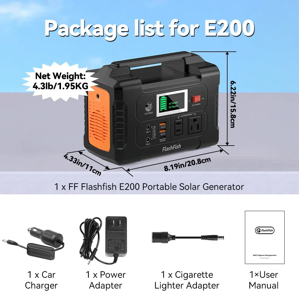 For E200 Portable Power Station Battery Supply Solar Charge Solar Generator AC DC Outdoor Camera Drone Power 200W 151WH