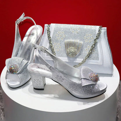 Mature Sweet Spot Good Arrival Peach Color Square Heels Peep Toe Shoes Matching Bag Set For Nigerian Women Wedding Party Pump