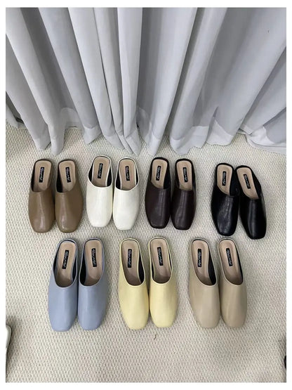 Fashion Square Toe Flat Slippers Women Casual Slip On Mule Luxury Brand Outsides Slides Elegant Pleated Ladies Shoes Sandal Flip