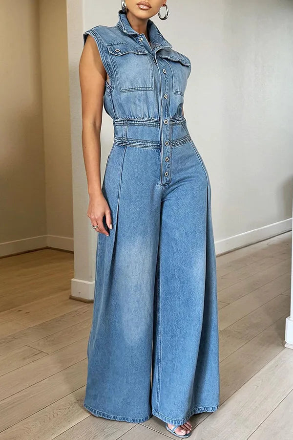 Washed Denim Jumpsuits Women Fashion Lapel Button High Waist Sleeveless Jumpsuit Streetwear Spring Summer New Female Clothing