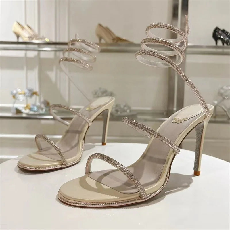 Summer Crystal Gladiator Sandals Women Rhinestone Twine Around Ankle Snake Wedding Shoes High Heels Sandals Woman