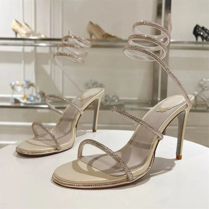 Summer Crystal Gladiator Sandals Women Rhinestone Twine Around Ankle Snake Wedding Shoes High Heels Sandals Woman