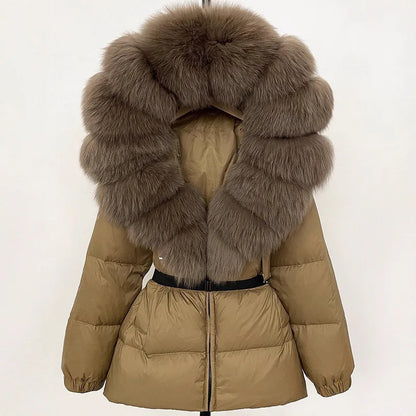Hot Sale Women Luxury Black Down Jacket Waist‑Cinched Design High‑End Elegant Real Big Fox Fur Hooded Collar Winter Outerwear