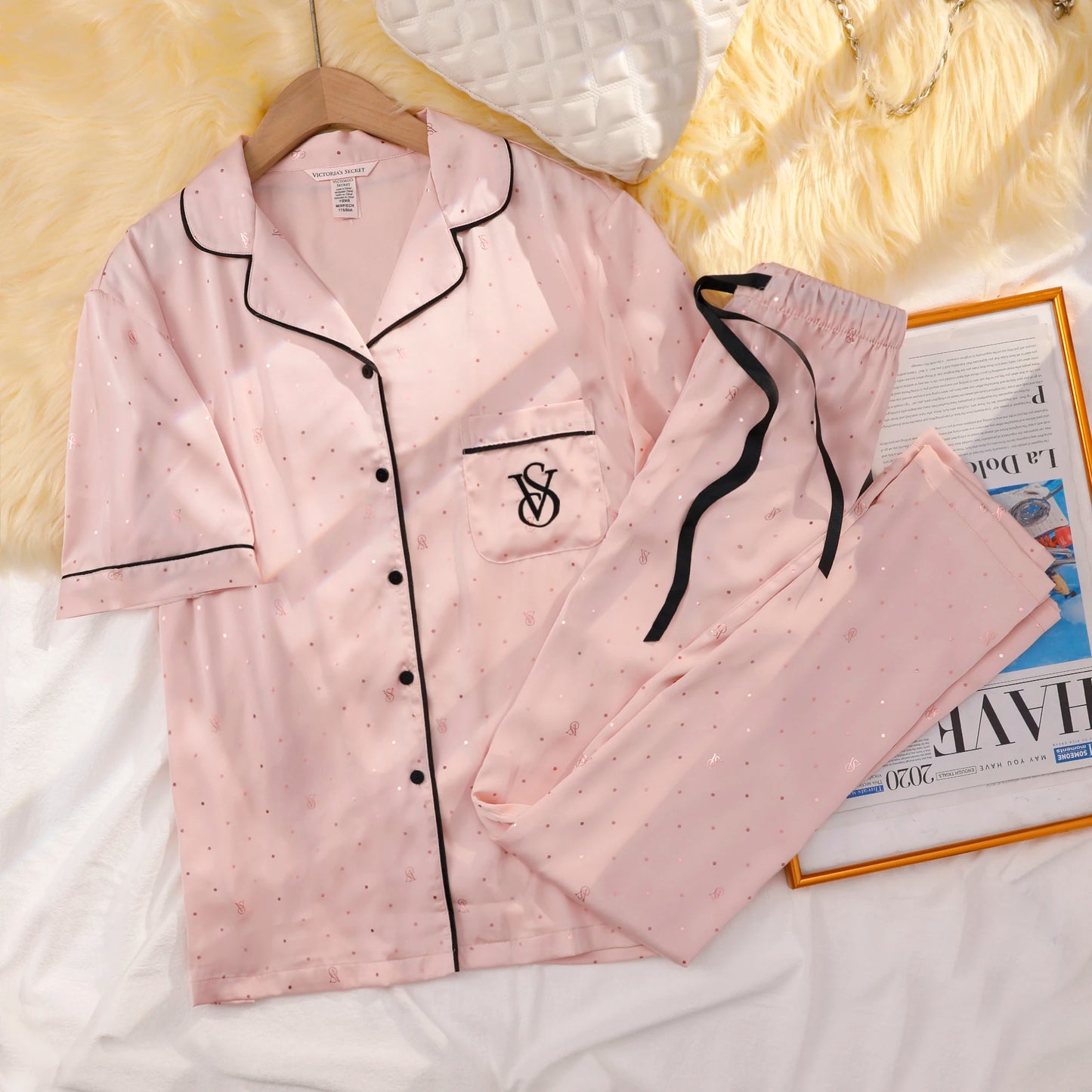 Victoria's Secret Suit Womens Silk Satin Pajamas Set Short Sleeve Shorts Sleepwear Loungewear Soft Breathable Button Down Pyjama