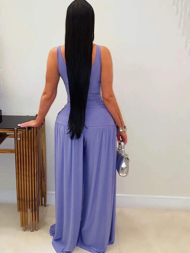 Kricesseen Sexy Ruched Waist Jumpsuits for Women Solid Sleeveless Wide Leg Long Pants Celebrity Party Clubwear Rompers
