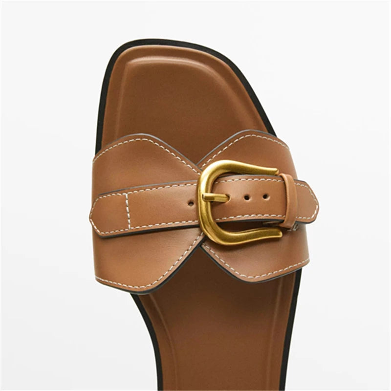 Slippers for Woman 2025 Summer Beach Flats Ladies Buckle Slides Gladiator Sandals Luxury Leather Mules Zapatos Mujer