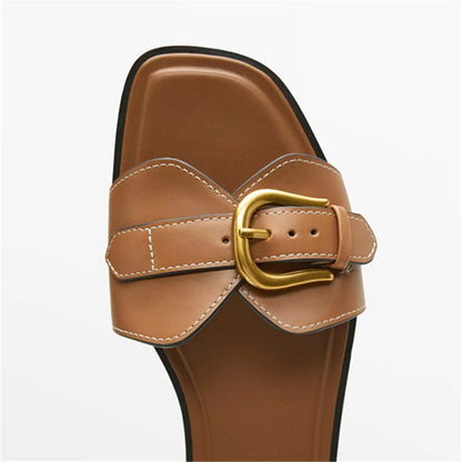 Slippers for Woman 2025 Summer Beach Flats Ladies Buckle Slides Gladiator Sandals Luxury Leather Mules Zapatos Mujer