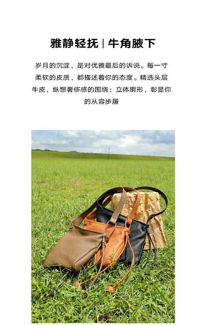 Women's Genuine Grade Cow Leather Handbags Luxury Designer Ladeis Shoulder Crossbody Bucket Bags for Woman Cowhide Underarm Bag