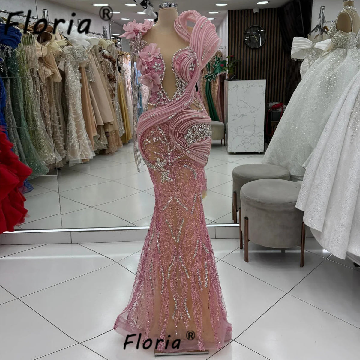 Arabic Pink Mermaid Prom Dress Silver Beads Crystal Sparkly Tassel Party Birthday Dresses Elegantes Customized Formal Gowns 2025