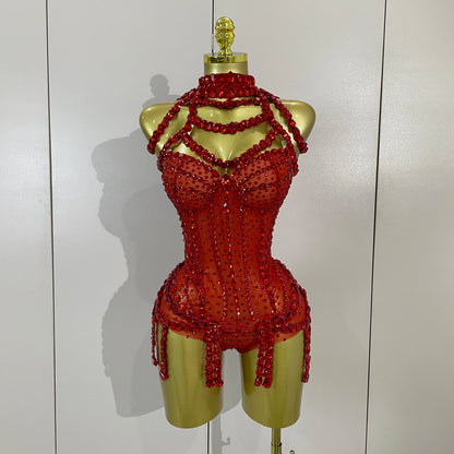 Luxury Sparkly Red Rhinestones Mesh Stretch Bodysuit Women Birthday Party Nightclub Bar Singer Dancer Performance Stage Costume