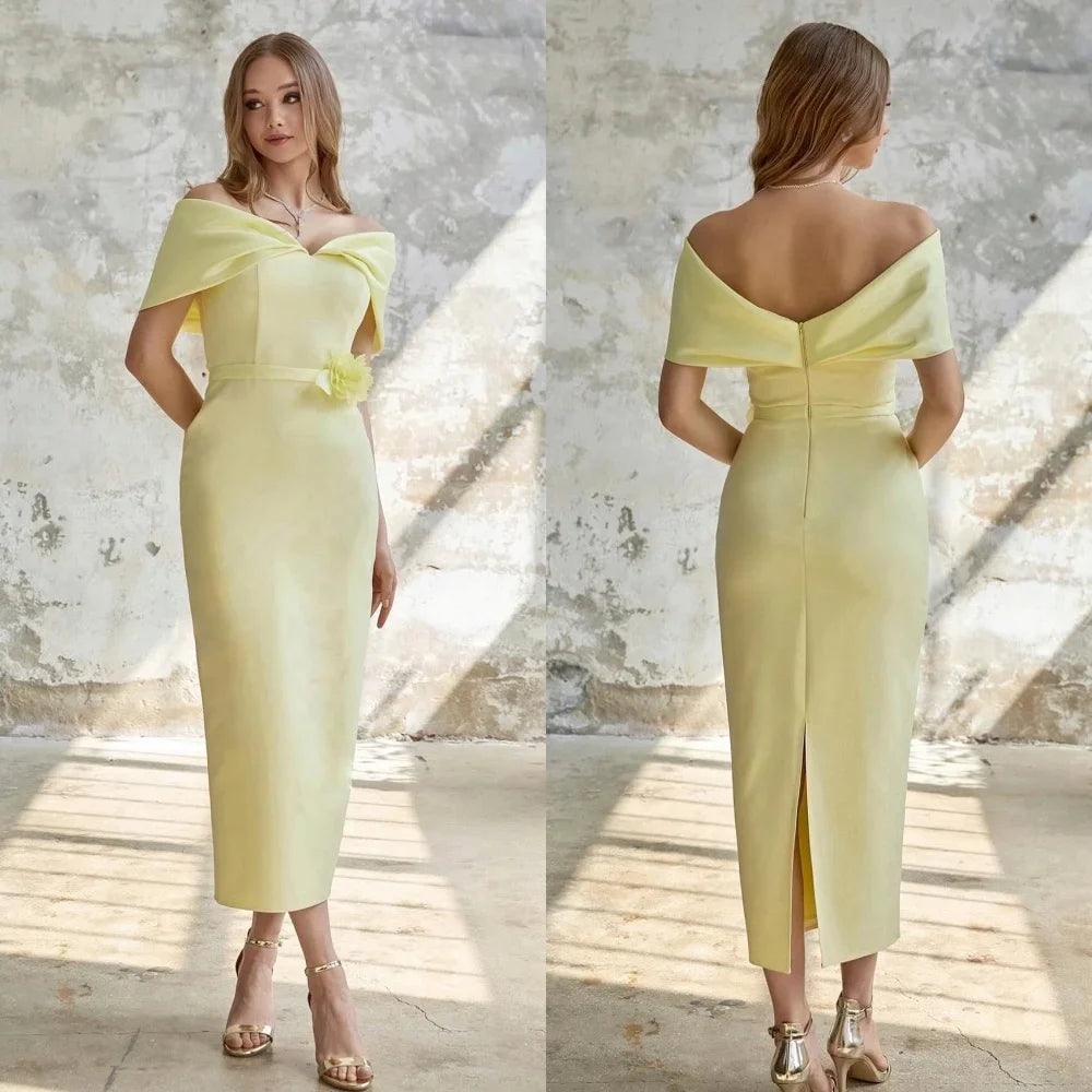Customized Jersey Flower Ruched Evening A-line Off-the-shoulder Bespoke Occasion Gown Midi Dresses